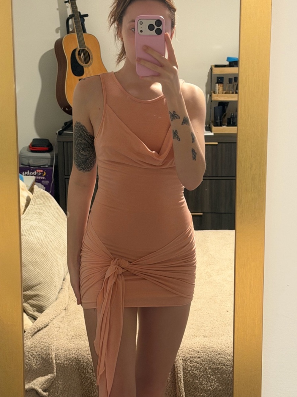 Draped Tie-Waist Mini Dress in Peach